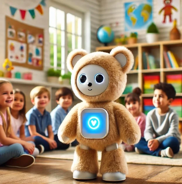 Chatbot educativo Baru en forma de peluche con pantalla de interfaz amigable para niños de infantil y primaria