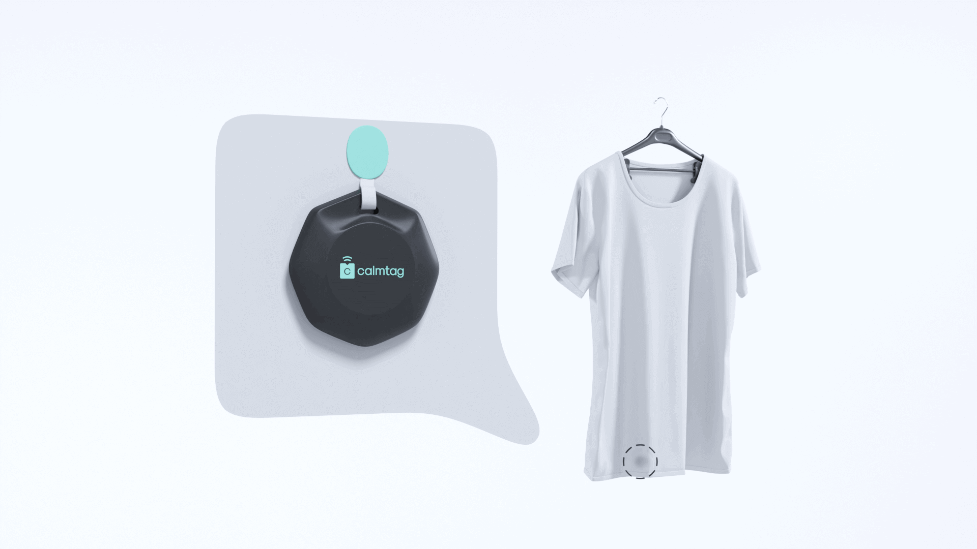 Render fotorrealista del dispositivo de geolocalización Calmtag integrado en una camiseta, mostrando discreción y diseño ergonómico